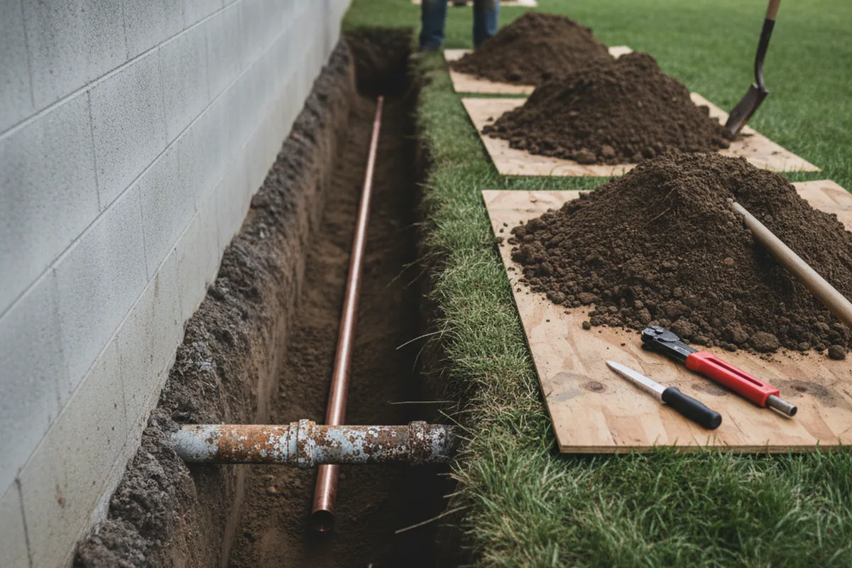 Excavated water line trench during Water Softener Installation in Glenfield